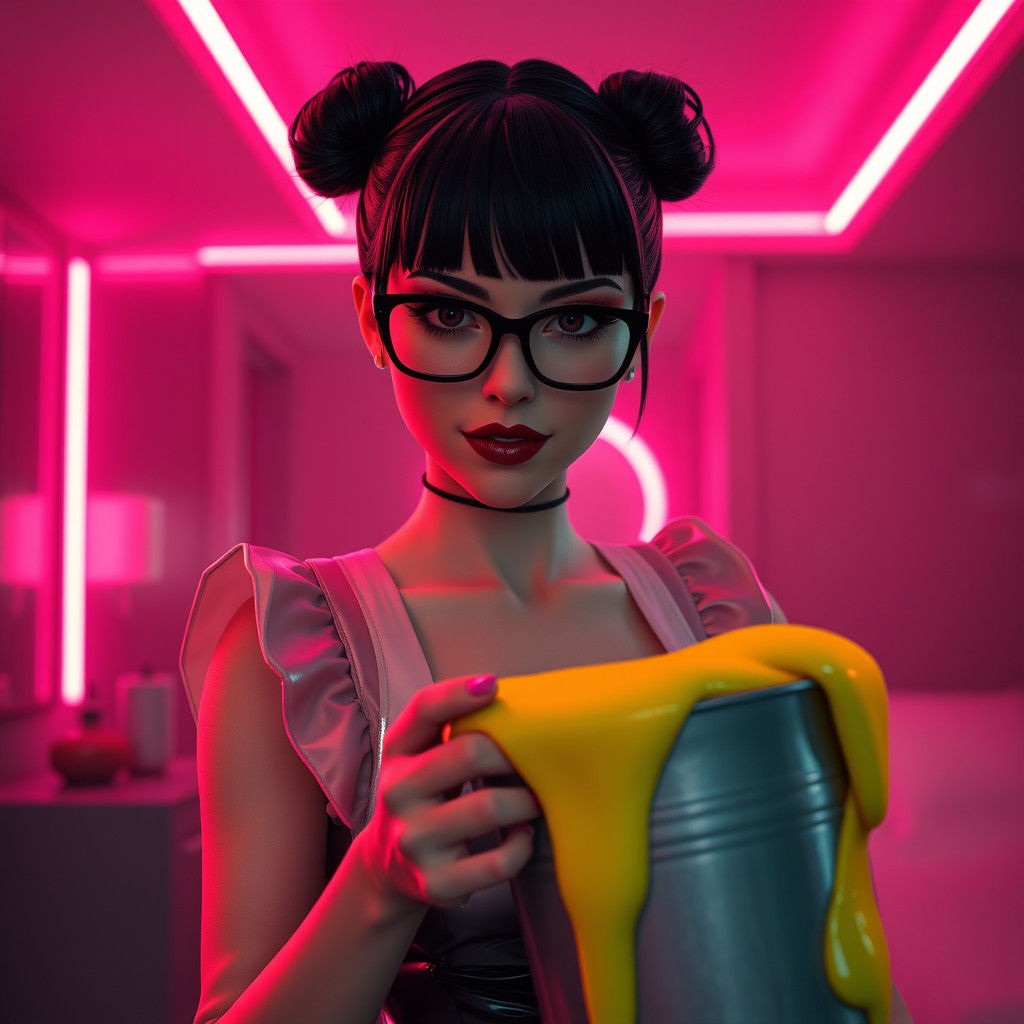 Cyberpunk Maid with Slime in Neon Hotel