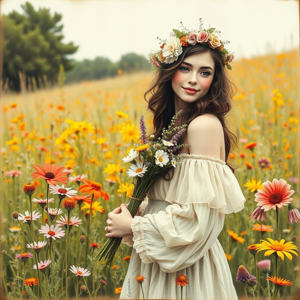 Gentle Woman Amidst Wildflowers in Charcoal Drawing Style