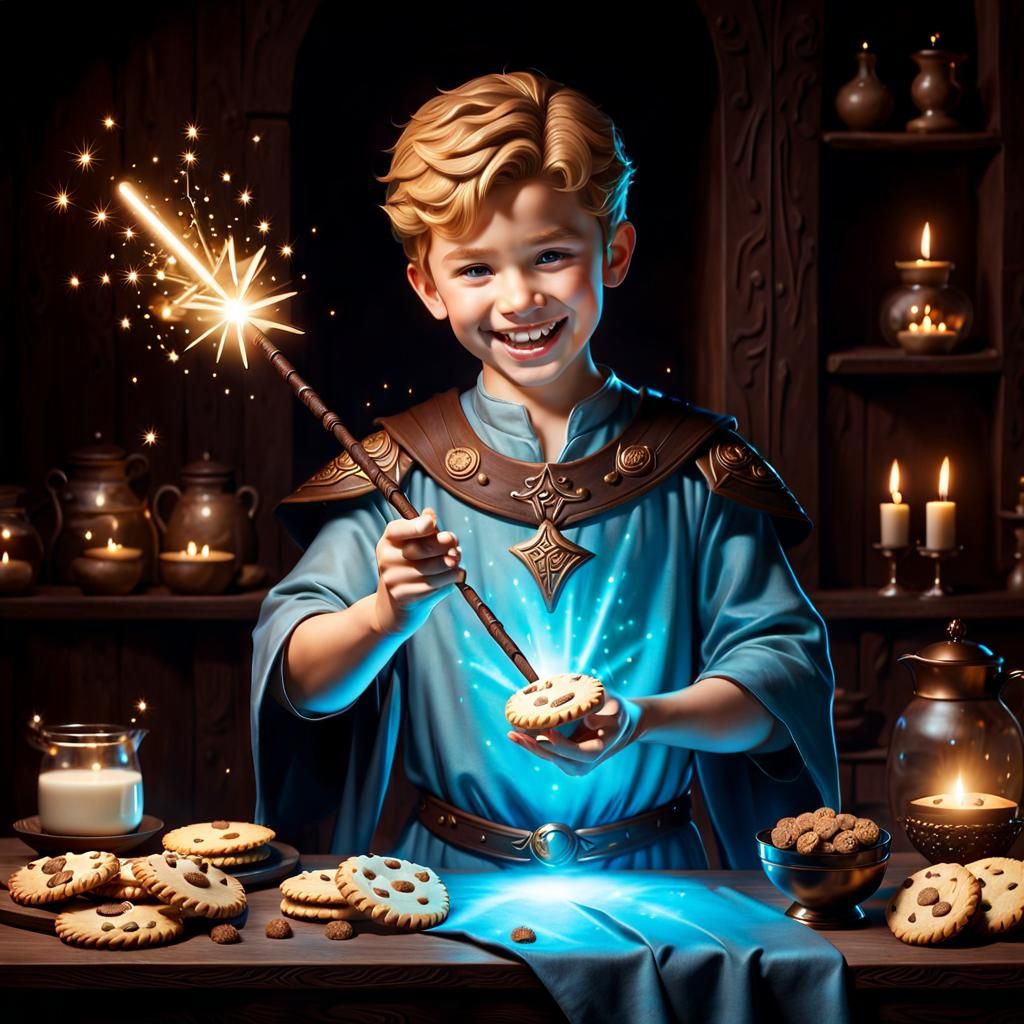 Boy with Magic Wand and Glowing Cookies