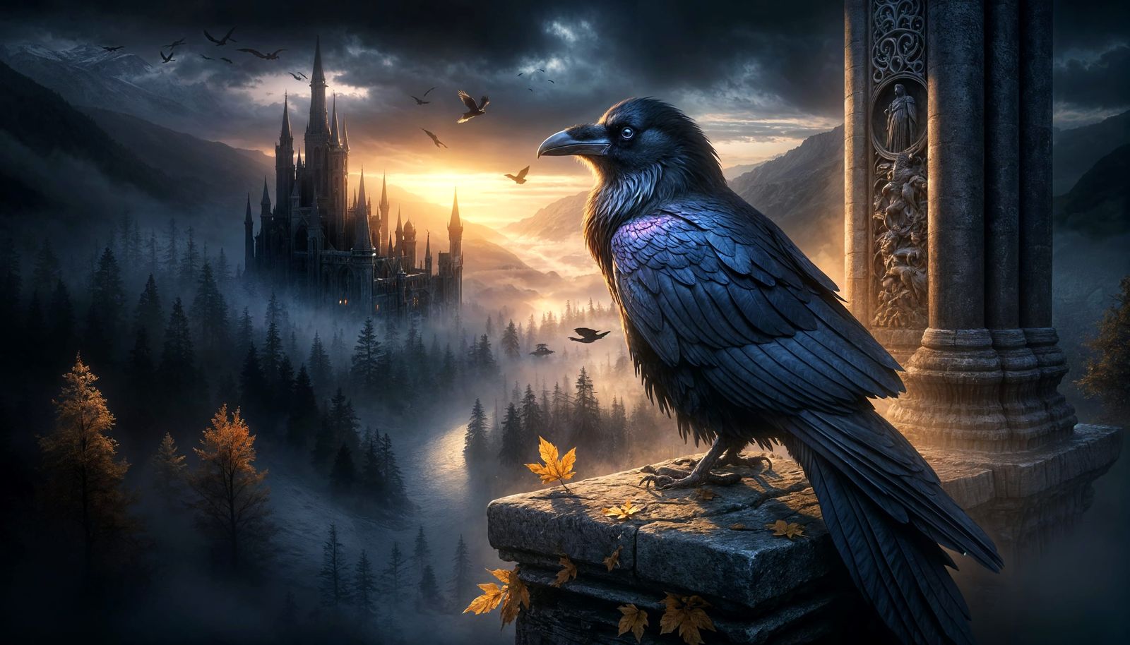 Gothic Raven on Stone Spire at Twilight
