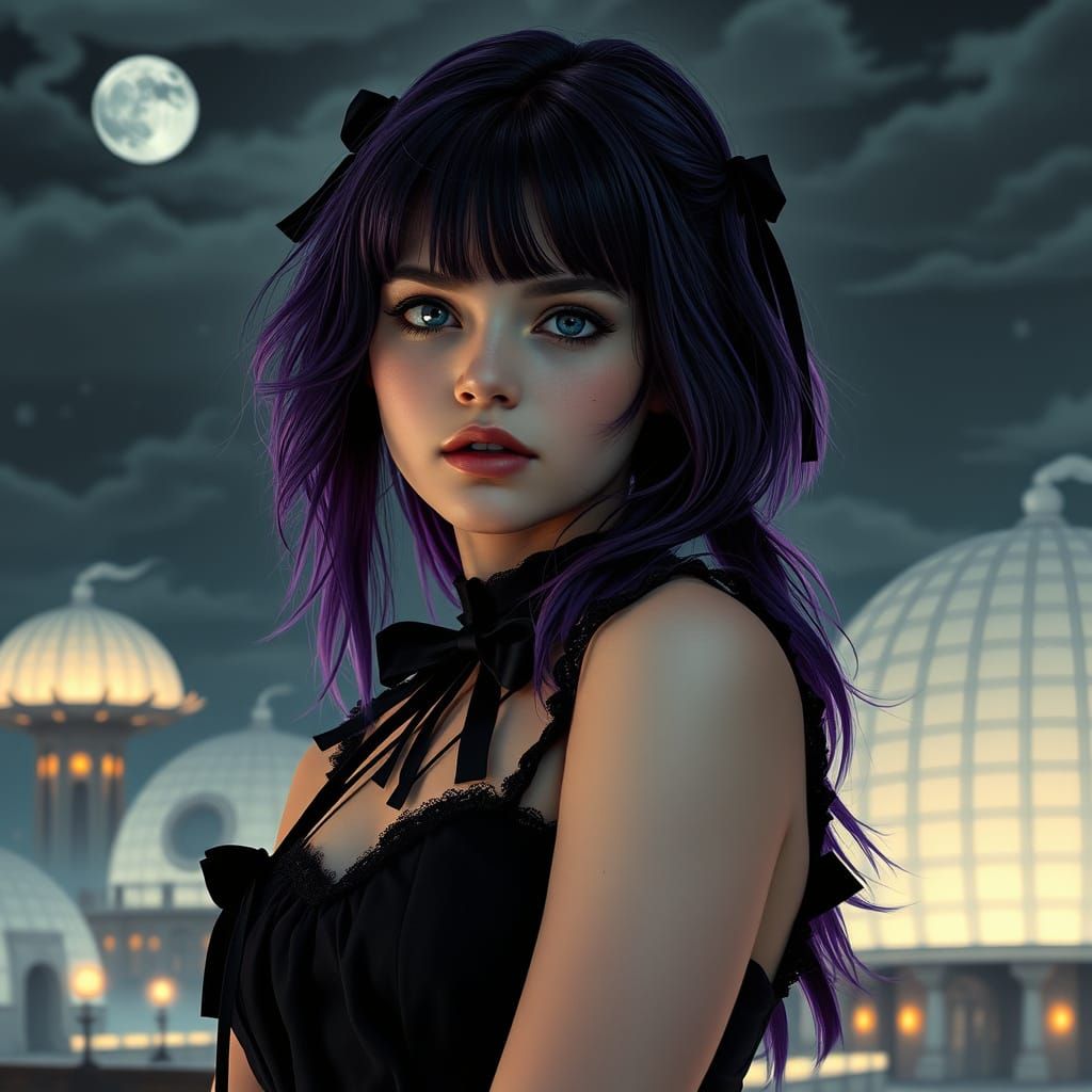 Ethereal Gothic Lolita in German Expressionist Cityscape