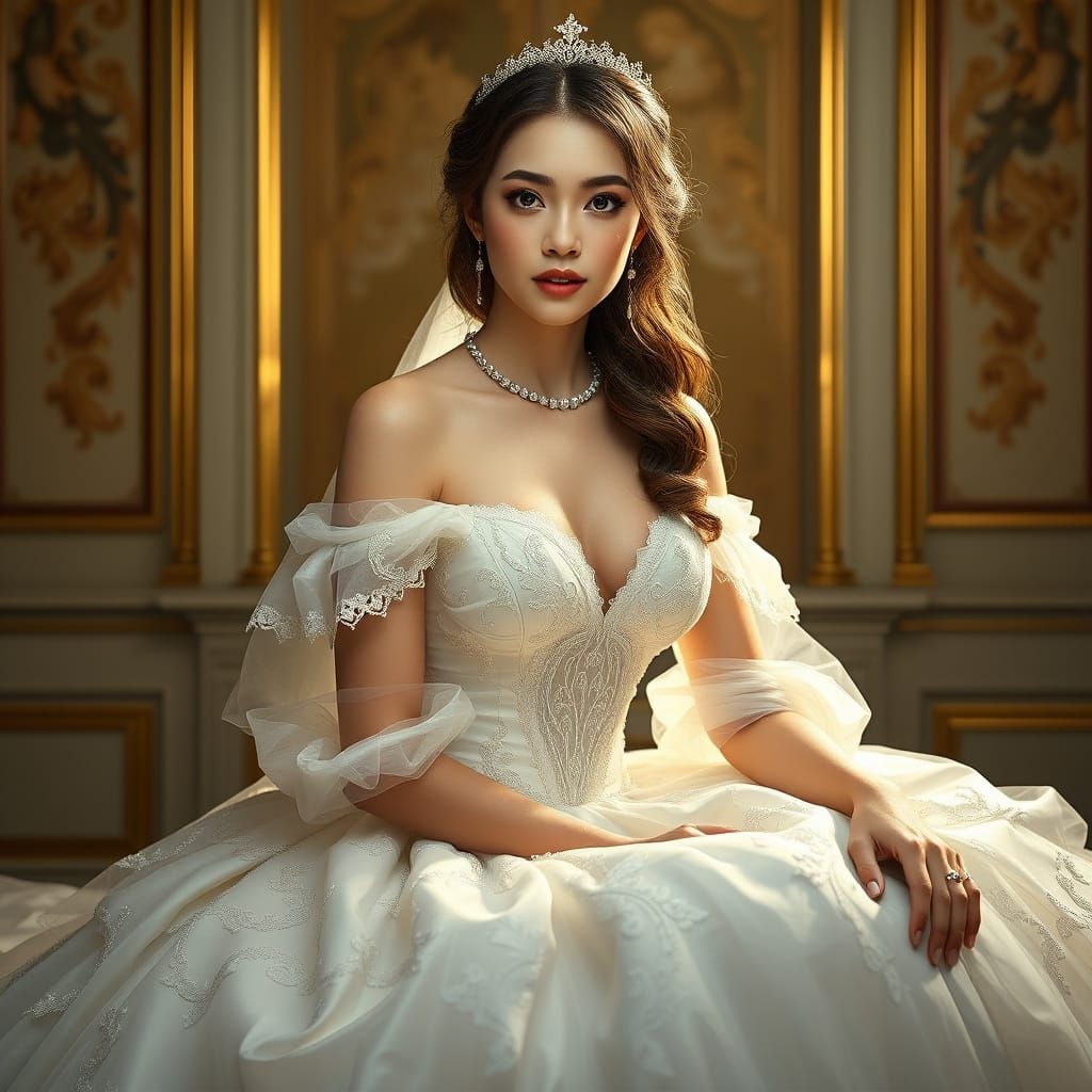 Ethereal Bride in Ivory Ball Gown with Golden Lace