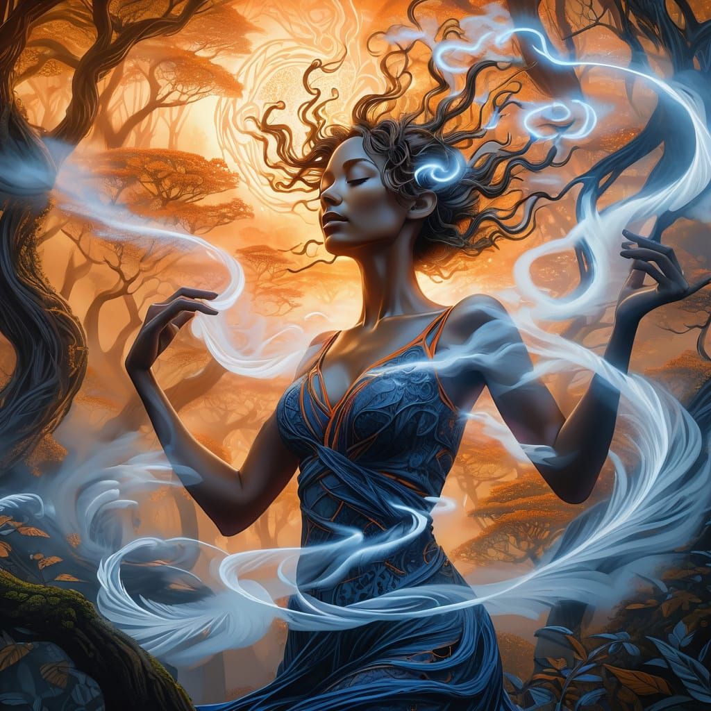 Woman in Blissful State Amidst Swirling Nicotine Vapor in En...