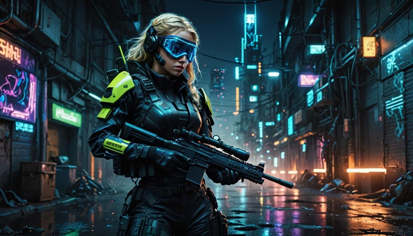 Cyberpunk Sniper in Neon Alleyway