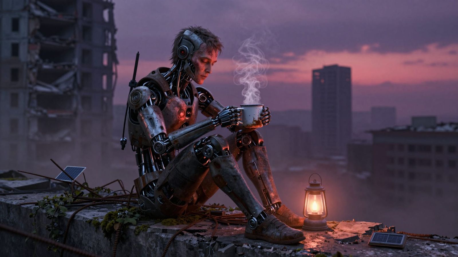 Cyborg Finds Solace in Post-Apocalyptic Cityscape