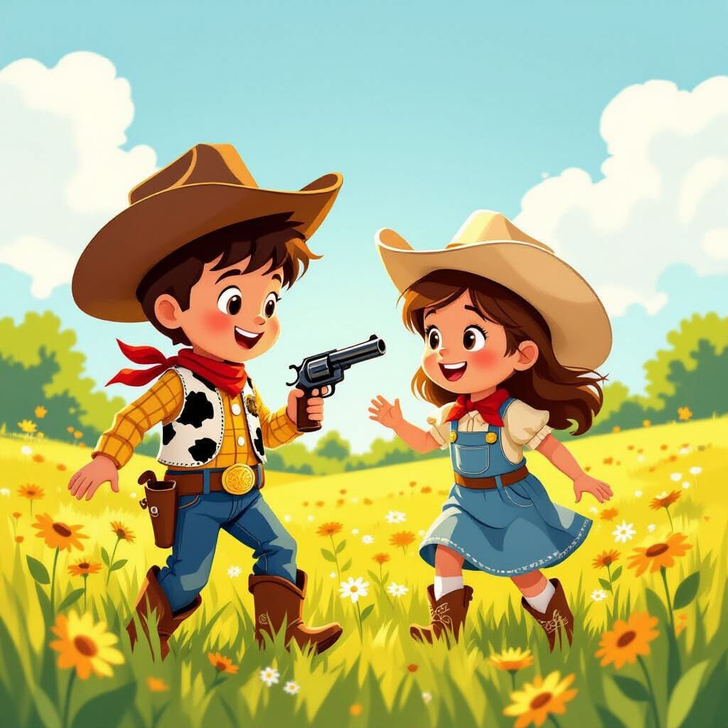 Children Play Cowboy and Cowgirl in Sunny Meadow