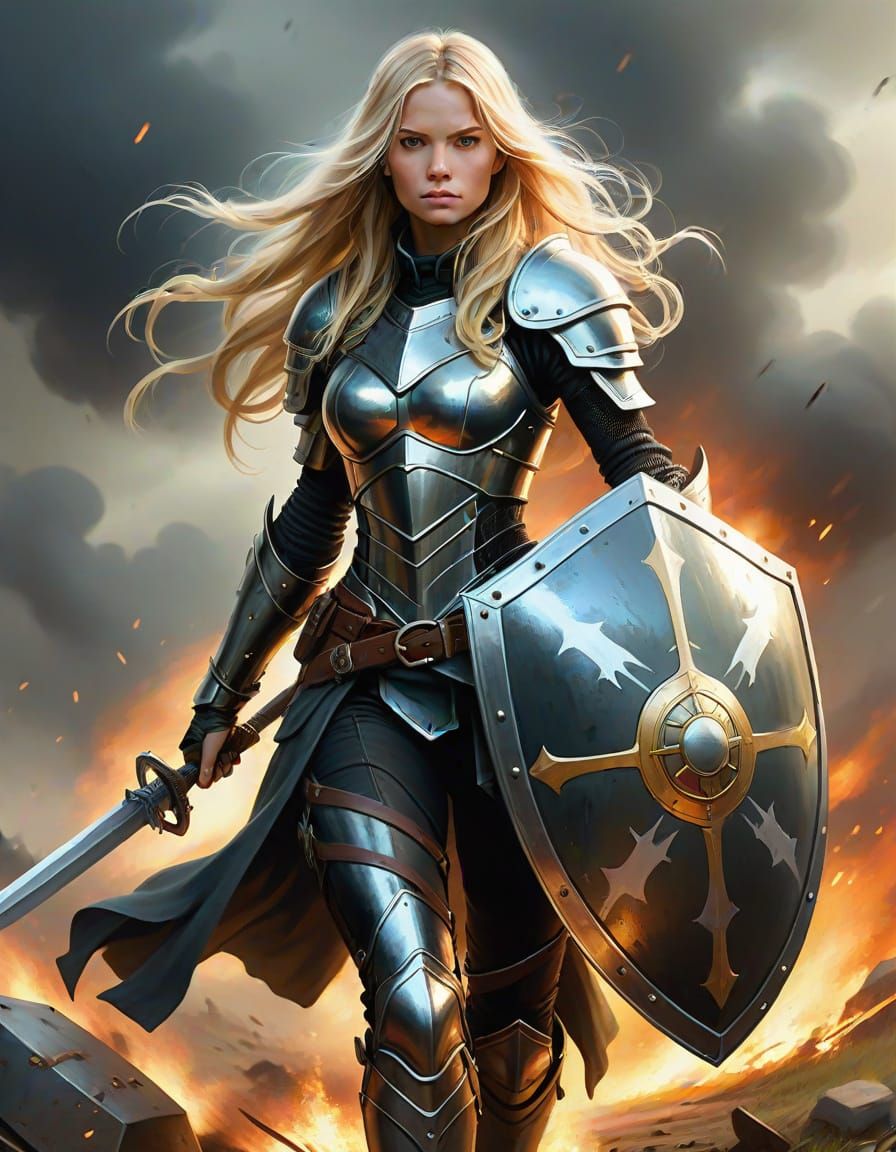 Ethereal Armored Woman on Battlefield, Digital Painting