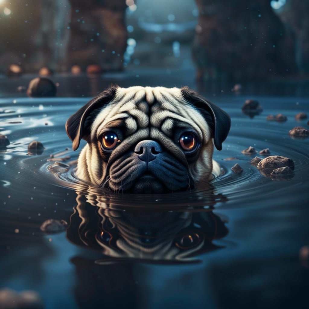 Pug Reflection: Detailed Fantasy Art in Deep Color