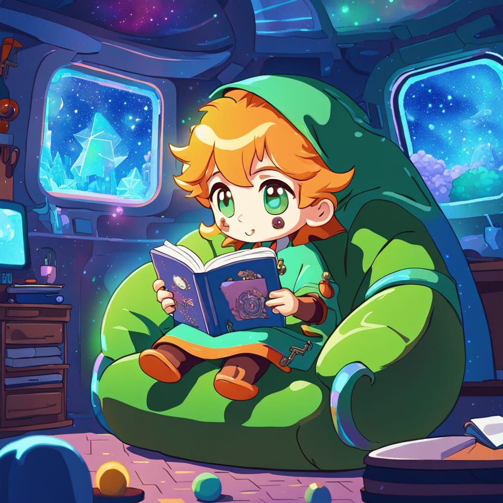 Chibi Link Reads in Cozy Spaceship Cabin