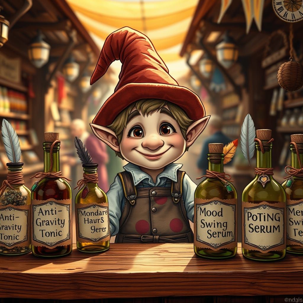 Whimsical Halfling Apothecary in Medieval Fantasy Market