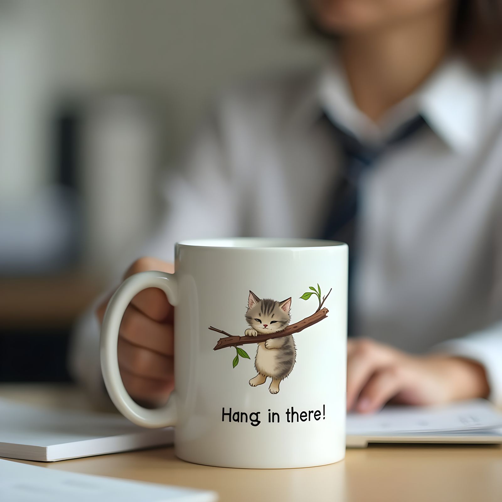 Cute Kitten Illustration on White Coffee Mug in Office Setti...