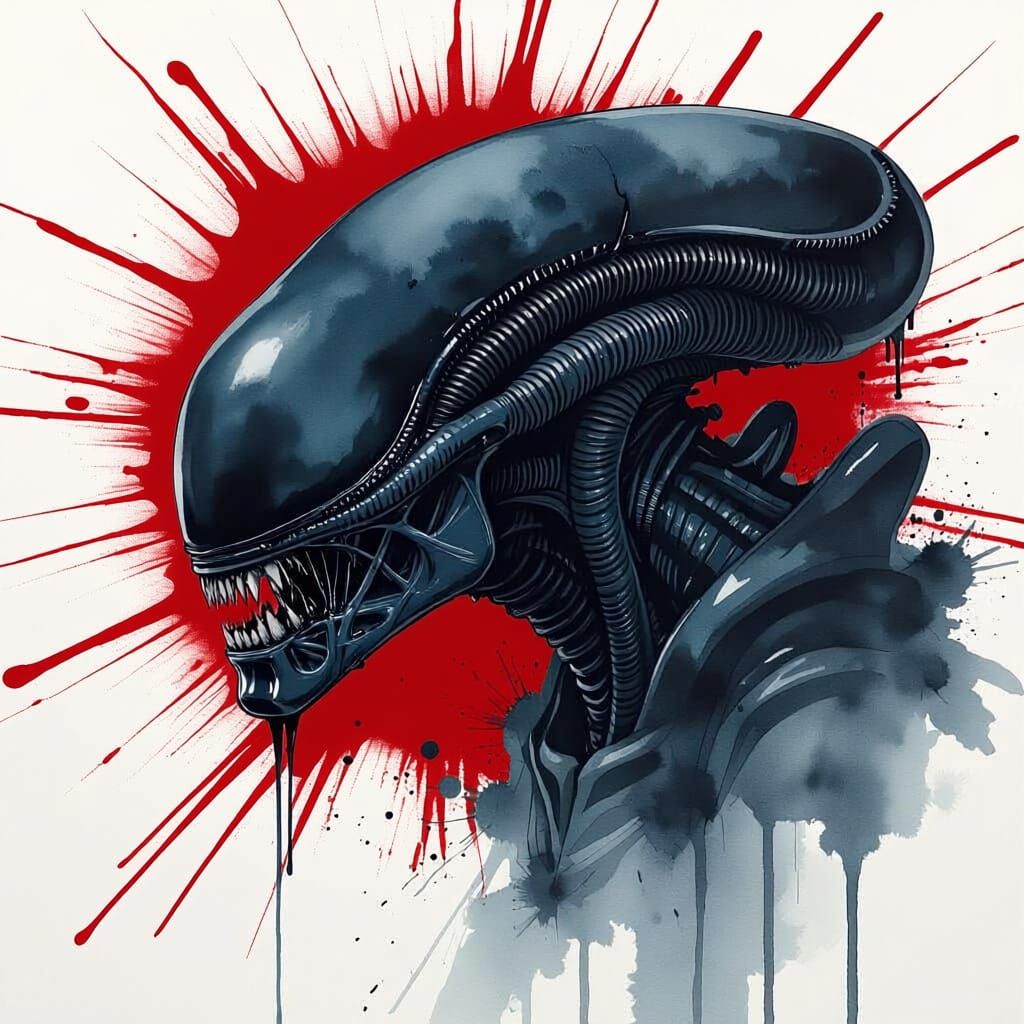 Xenomorph Head in Dark Watercolor Splash Effect