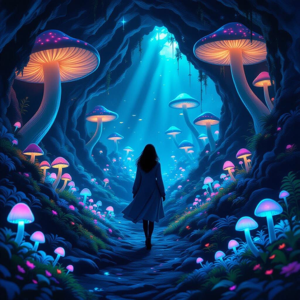 Mysterious Woman in Bioluminescent Underworld Art