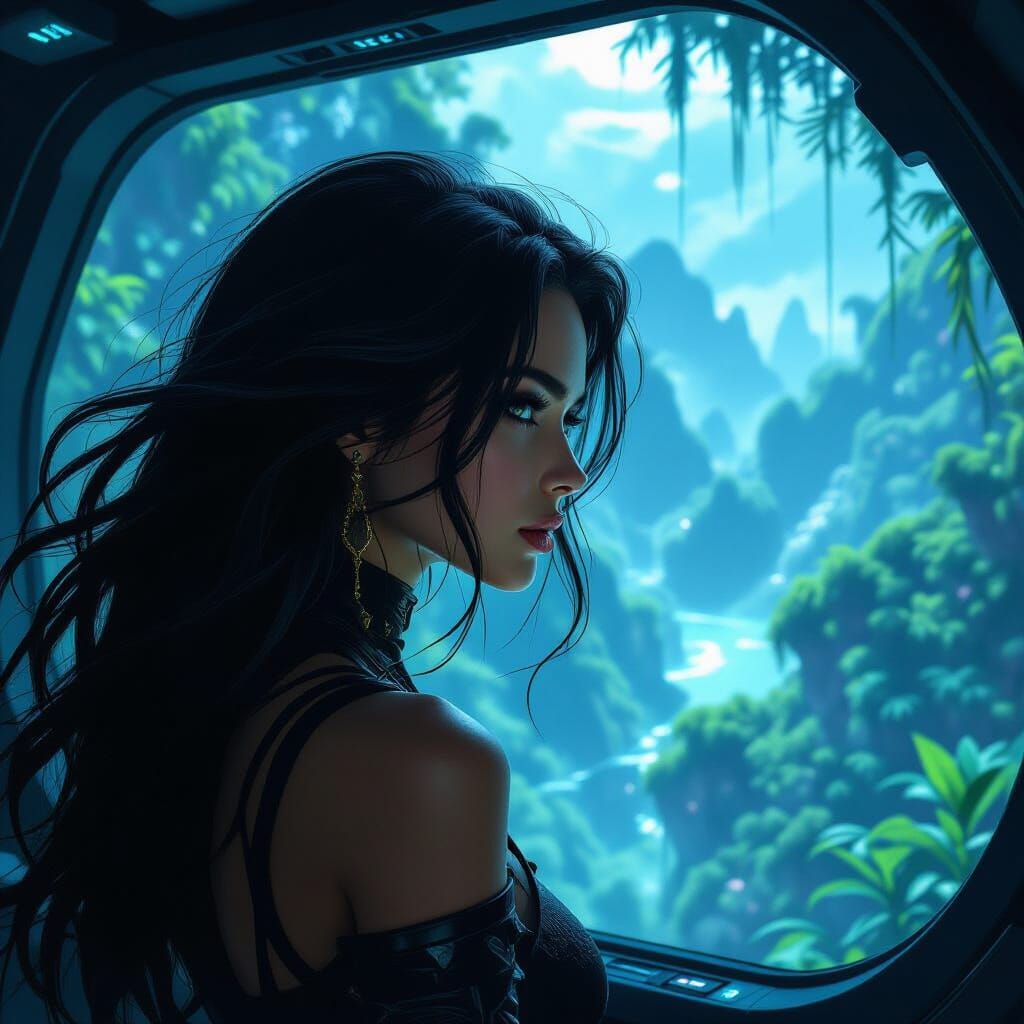 Woman Gazes Over Alien Jungle from High-Tech Deck