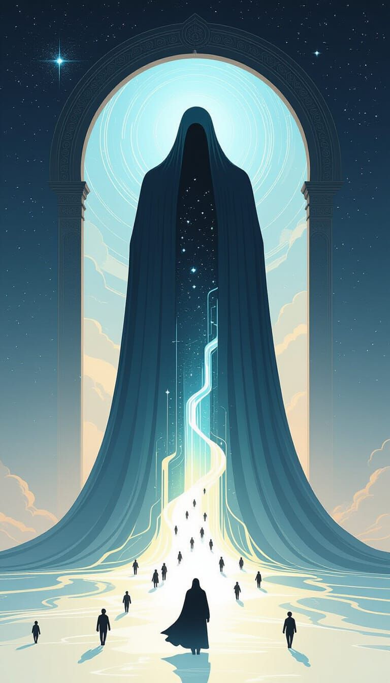 Colossal Figure Bridges Abyss With Rivers of Light