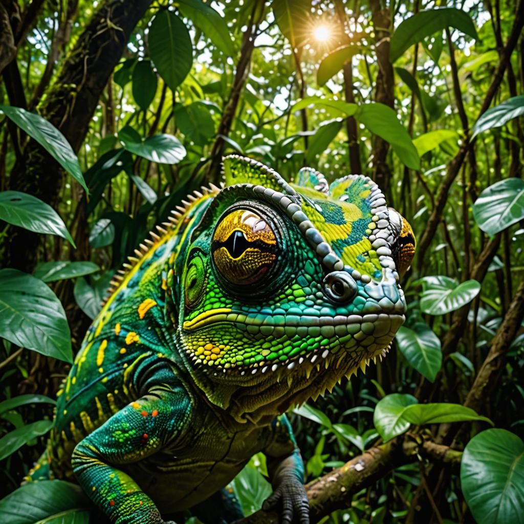 Chameleon with Googly Eyes in Brazil Jungle