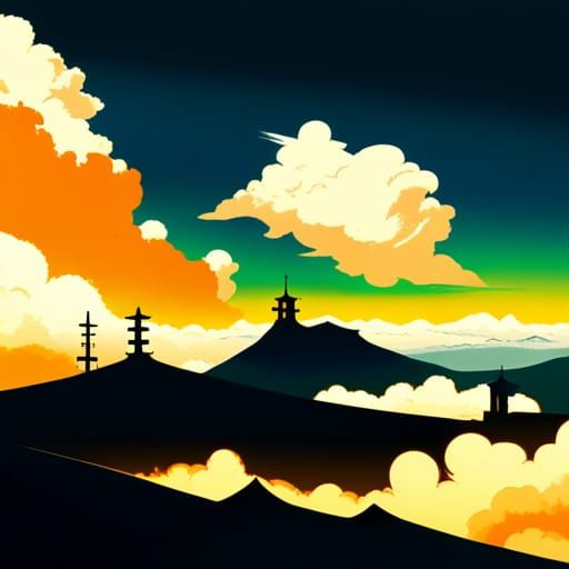 Japanese Village Above Clouds with Dragon, Anime Style