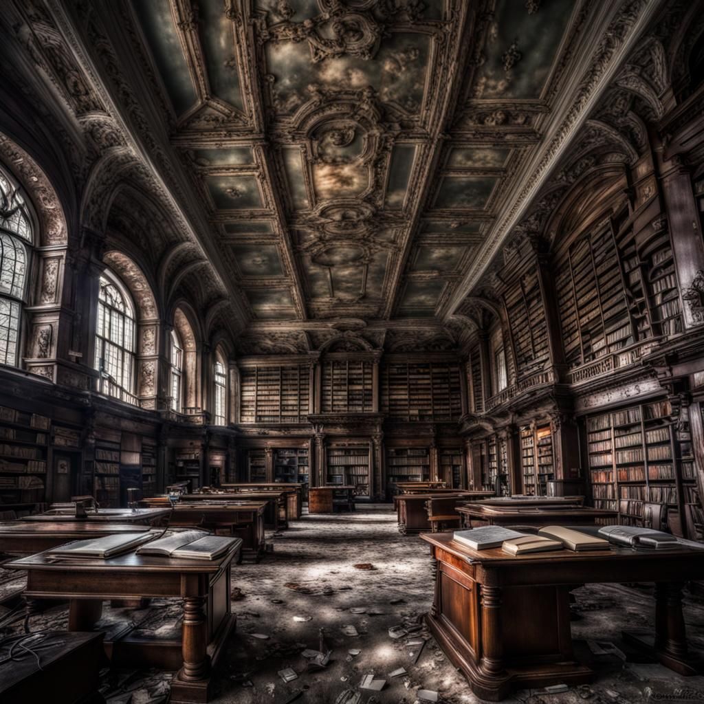 Creepy Abandoned Library in Hyperrealistic Detail