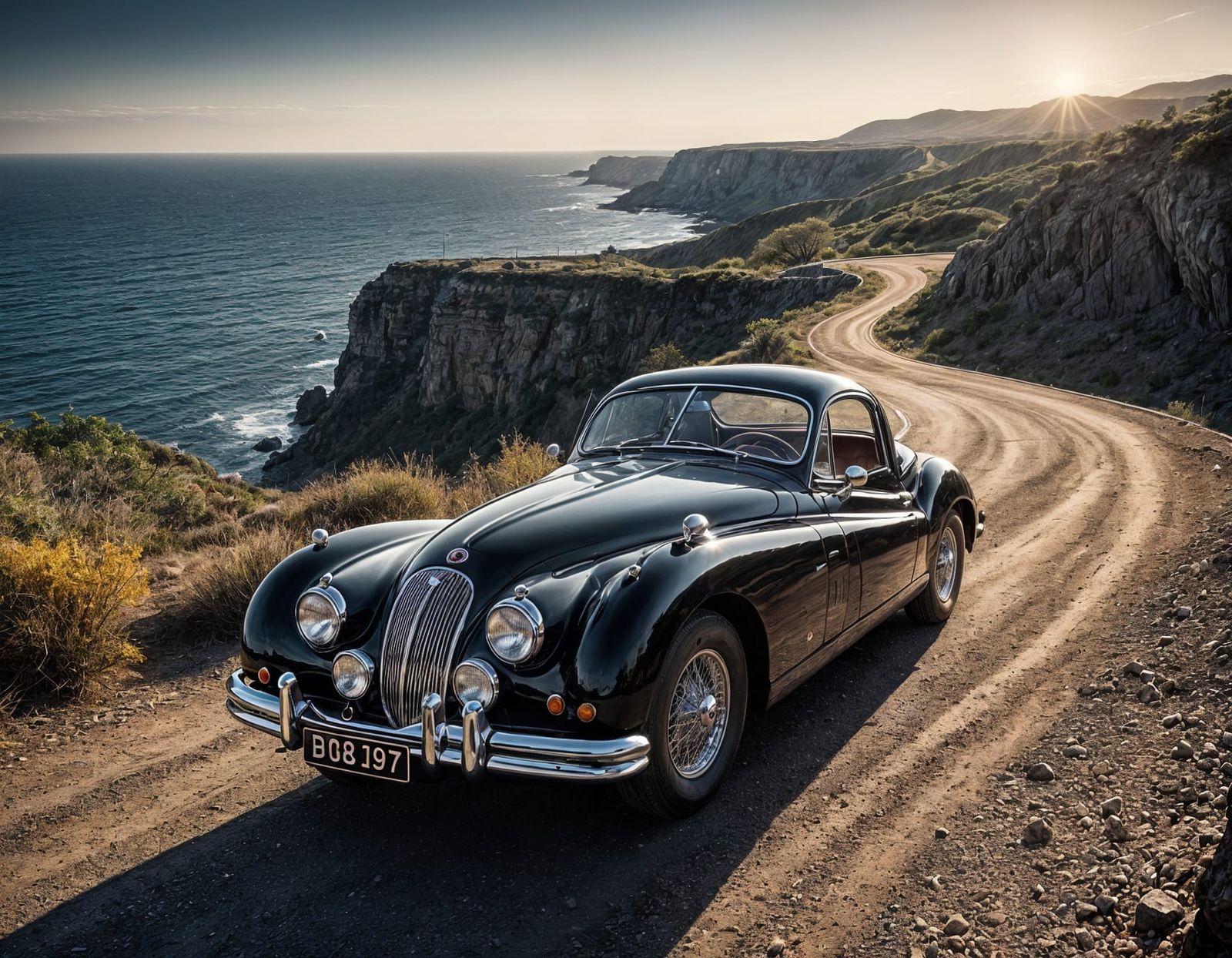 Vintage Jaguar XK120 on Cliff's Edge, Sunset Ocean Scene