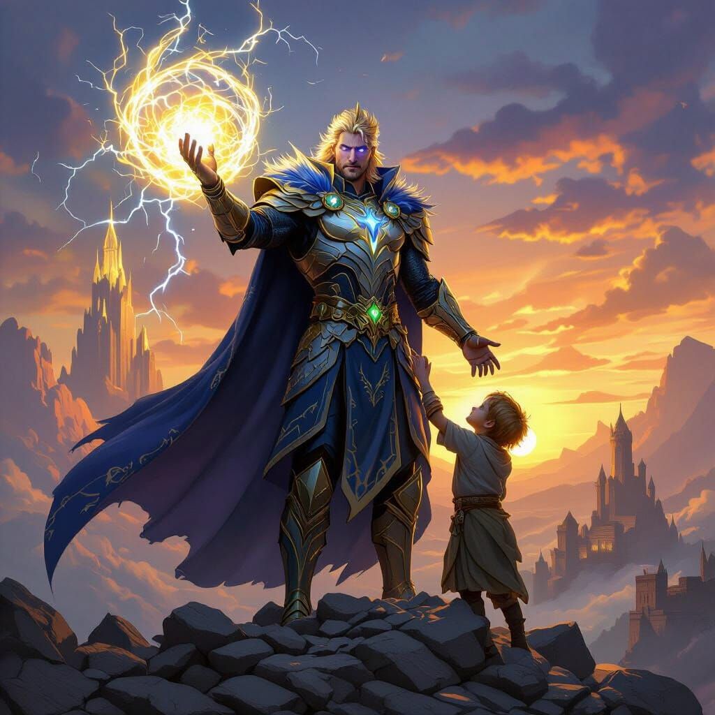 Royal Family Aetherion on Crystal Citadel at Sunrise