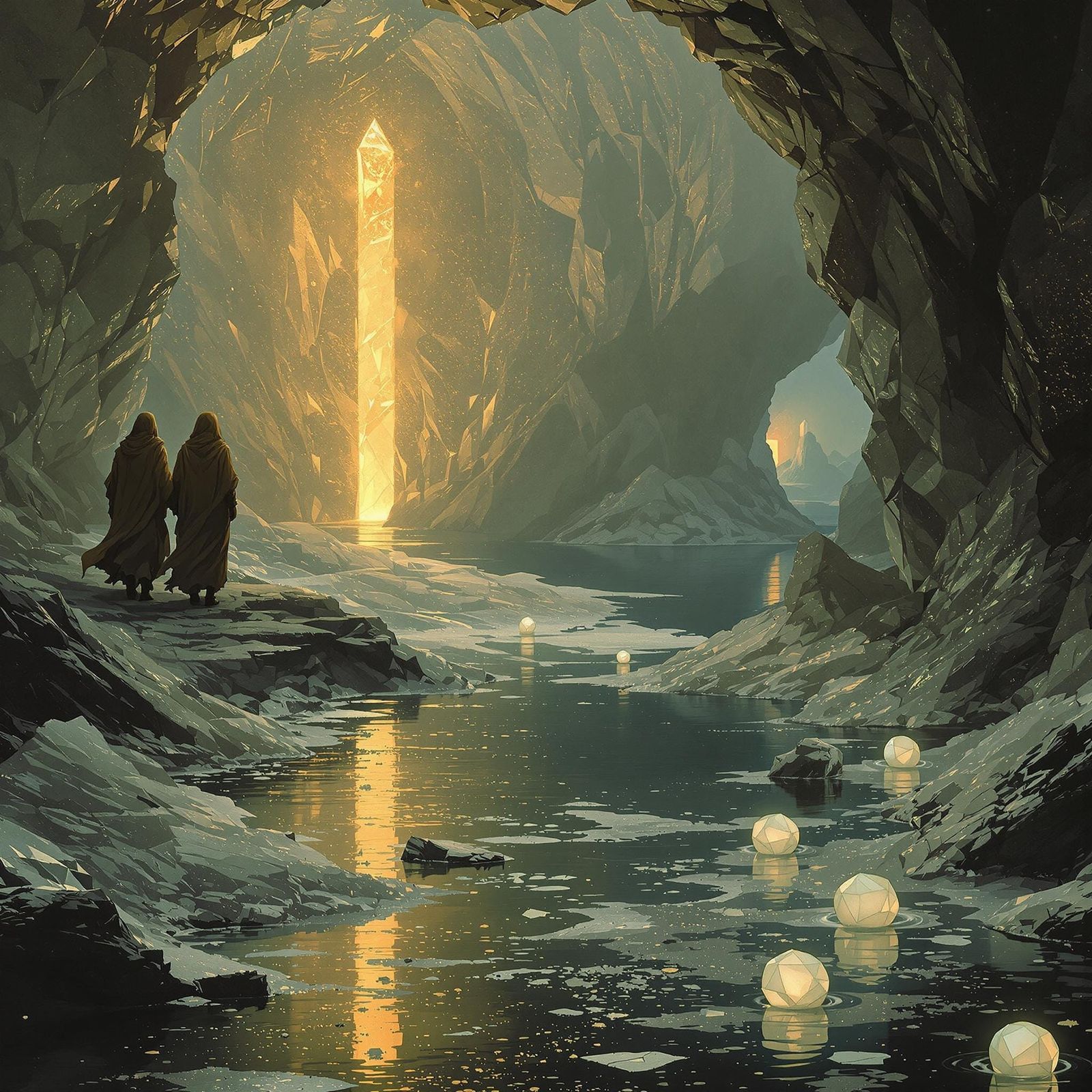 Two Figures Seek Hope Amidst Crystal Temple Ruins in the Oce...