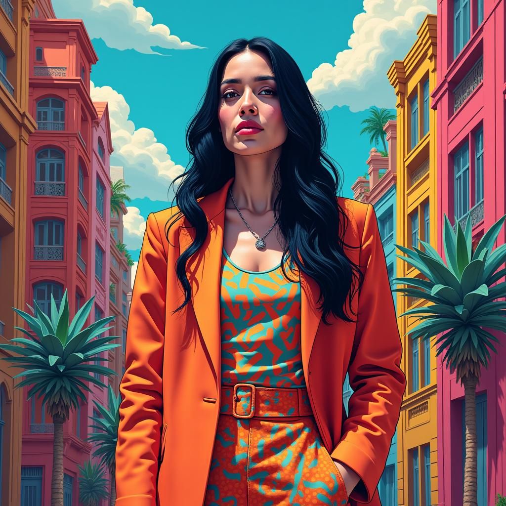 Pop Art Portrait in a Fantasy Cityscape
