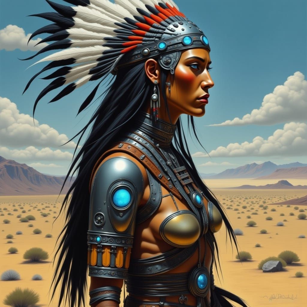 Cyberpunk Native American Warrior in Dystopian Desert