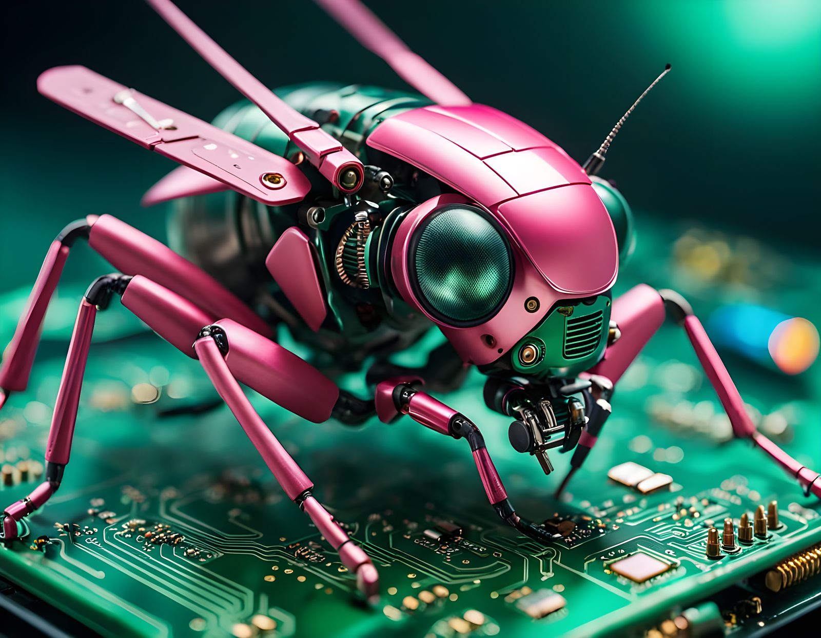 Vibrant Pink Cricket Robot in Tilt Shift Close Up