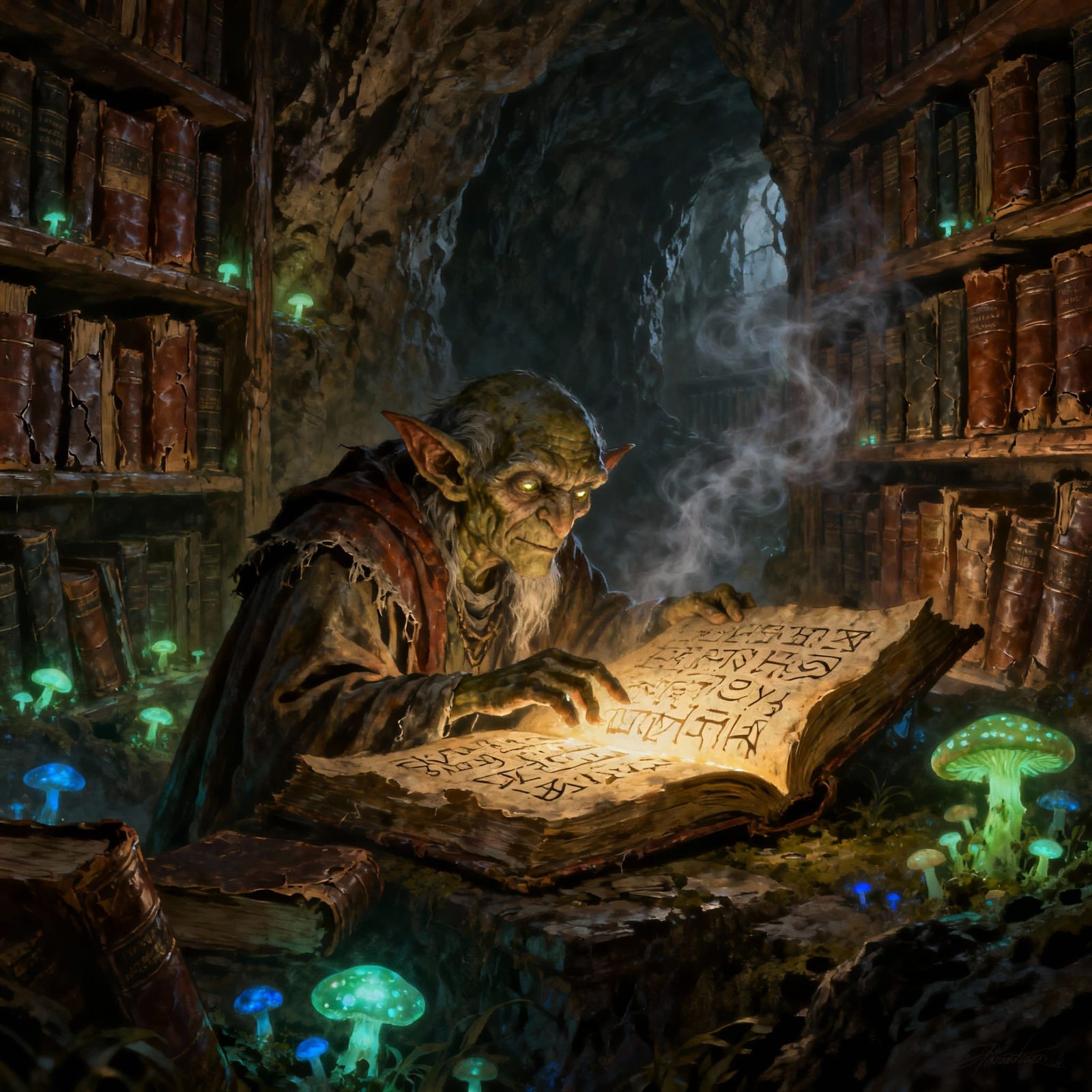 Goblin Scholar in Bioluminescent Cavern Library
