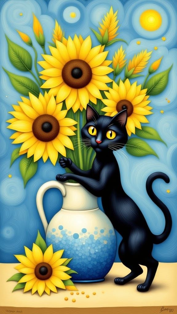 Whimsical Black Cat with Sunflowers in Van Gogh Style