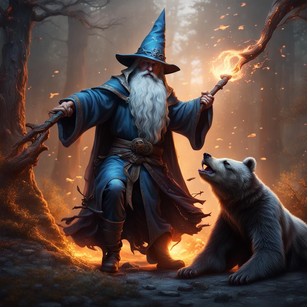 Wizard's Intense Bear Fight: Detailed Fantasy Art
