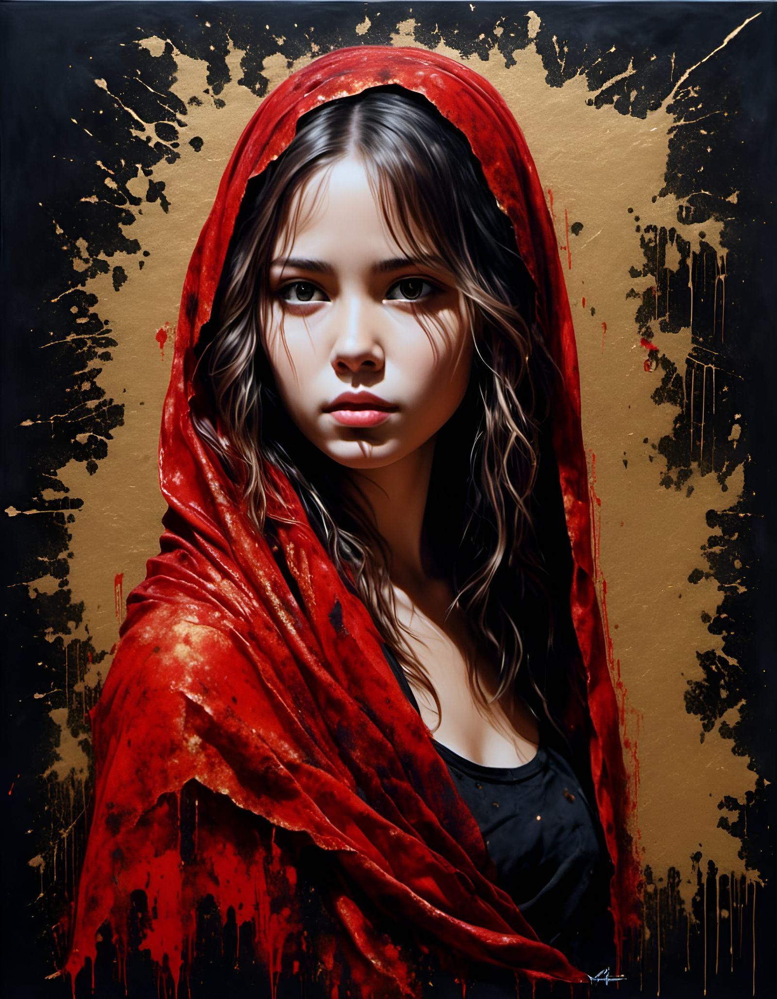Gorgeous Girl in Red Scarf, Watercolor Stencil Art