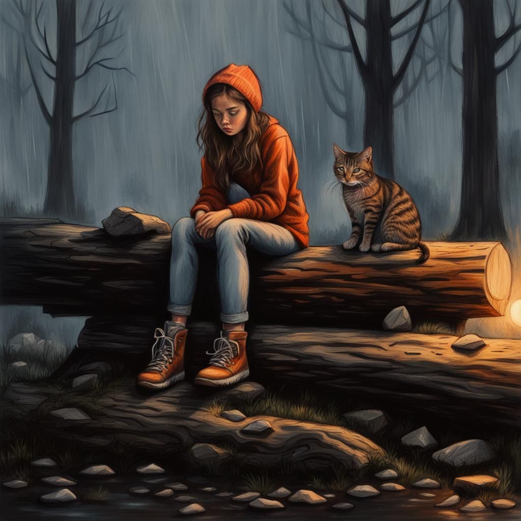 Moody Teen Girl with Cat in Charcoal Drawing