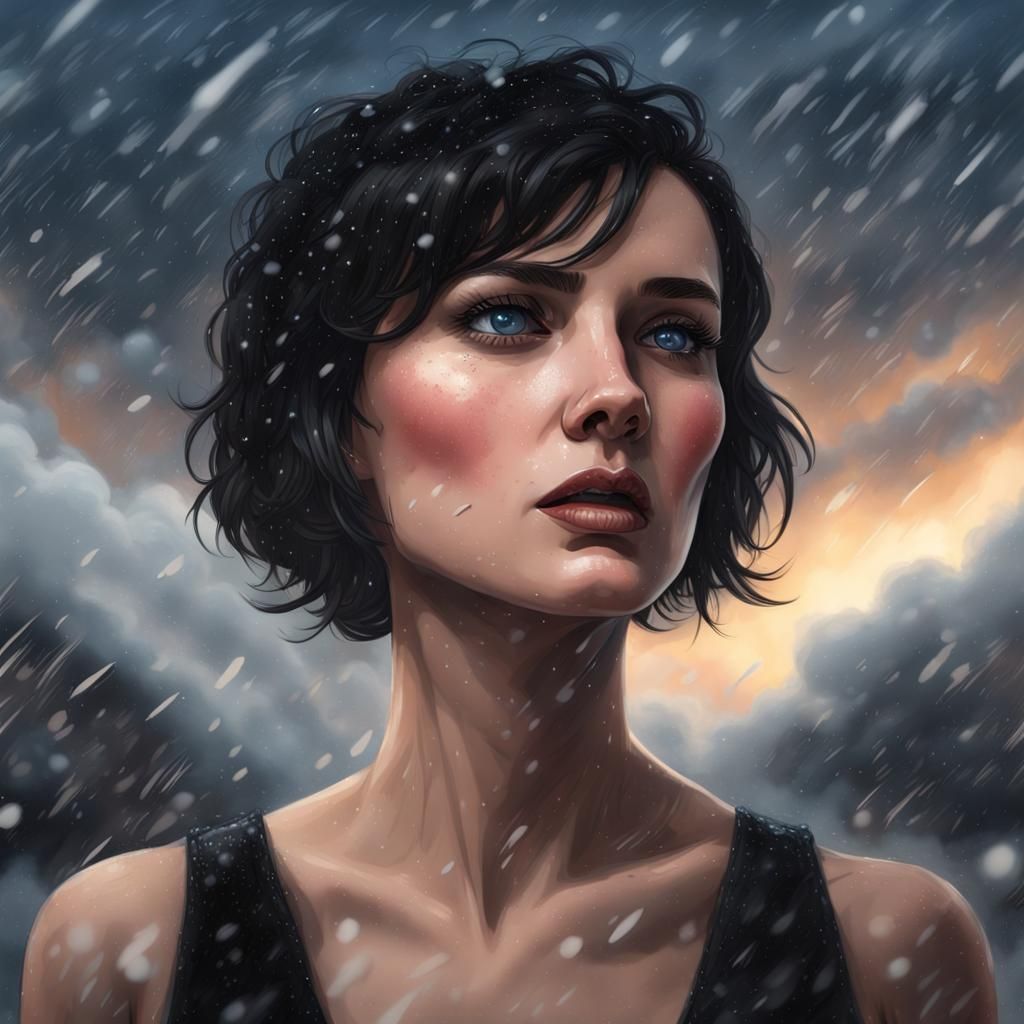 Brunette Woman in Snow, Hyperrealistic Splash Art