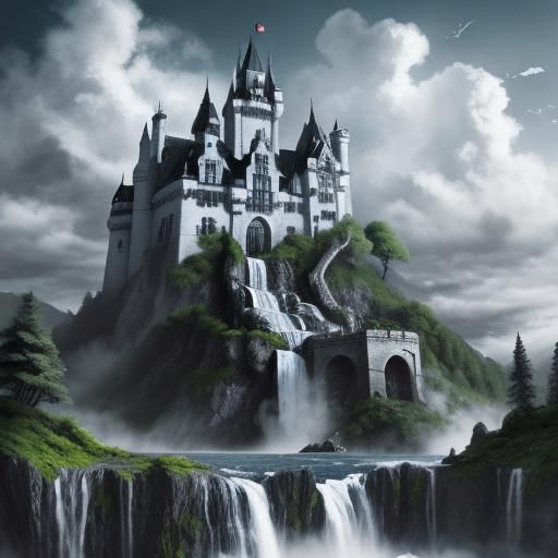 Monochrome Castle in the Sky with Waterfalls