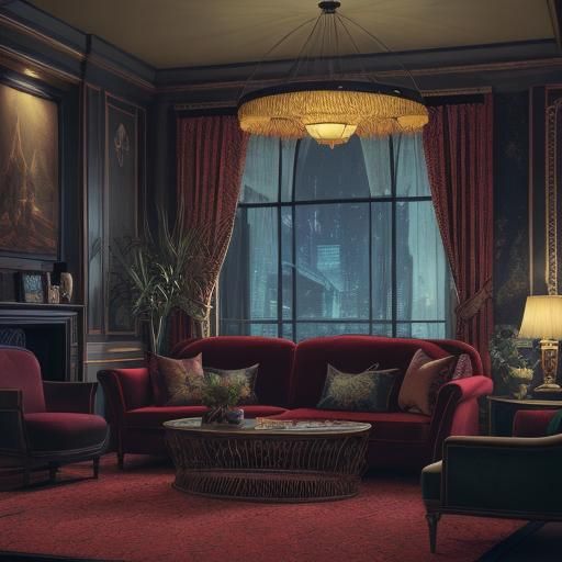 Cluttered Hotel Room at Night in Fantasy Style