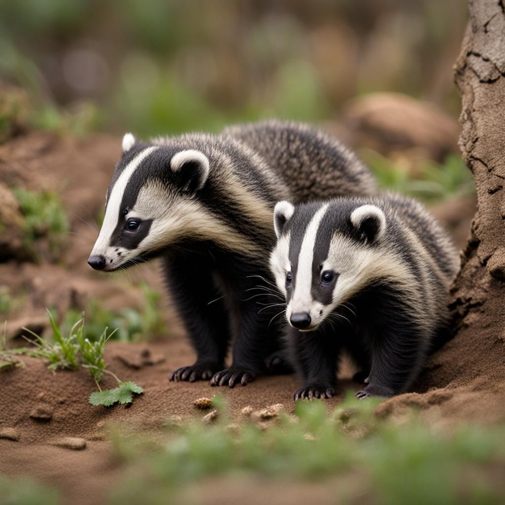 Two Baby Badgers Play in Nature