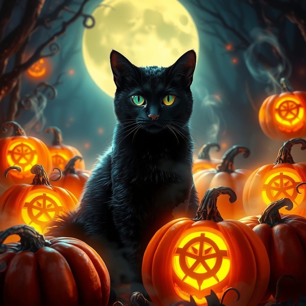 Black Cat's Mystical Halloween Pumpkin Patch