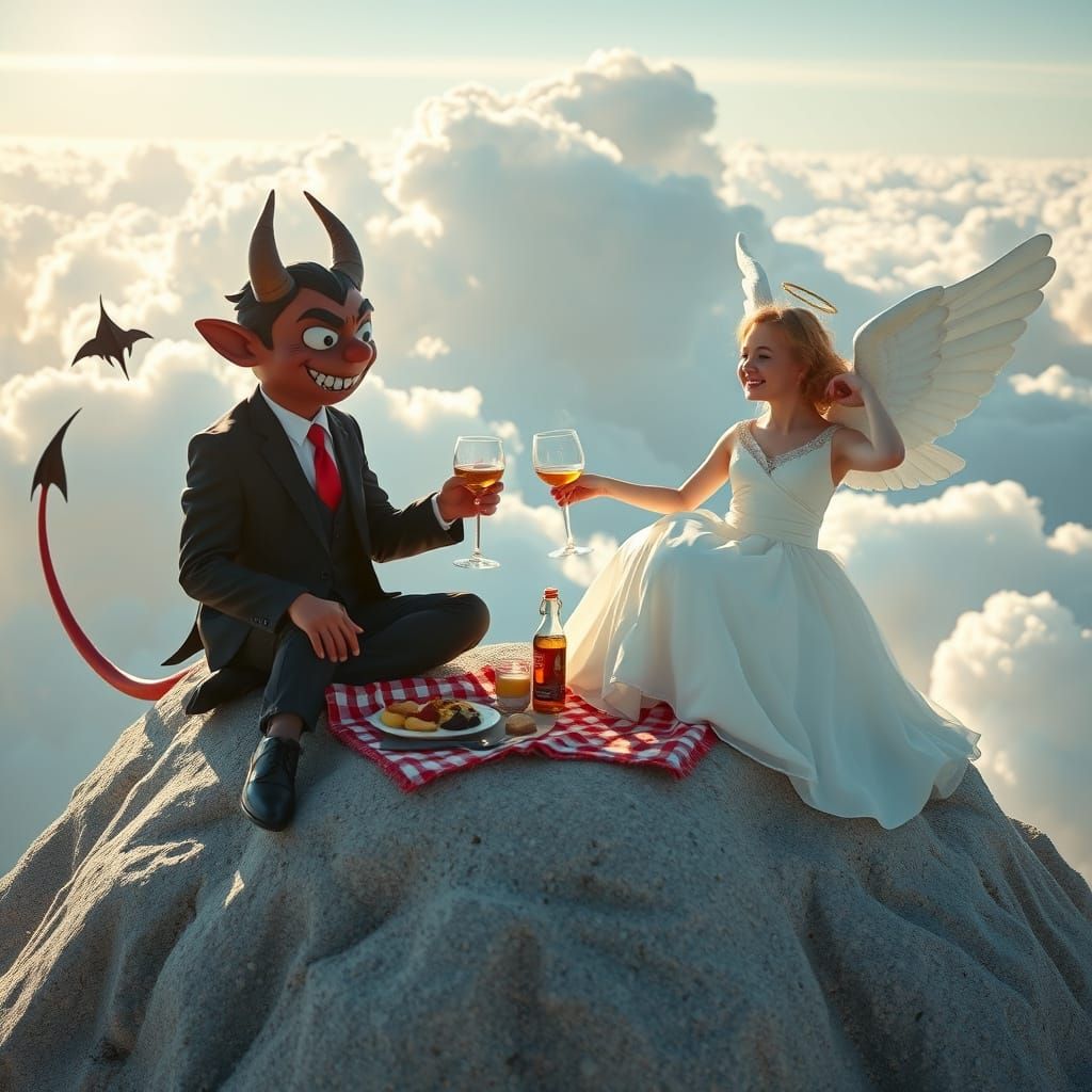 Devil and Angel Enjoying a Whimsical Picnic on a Fake Mounta...