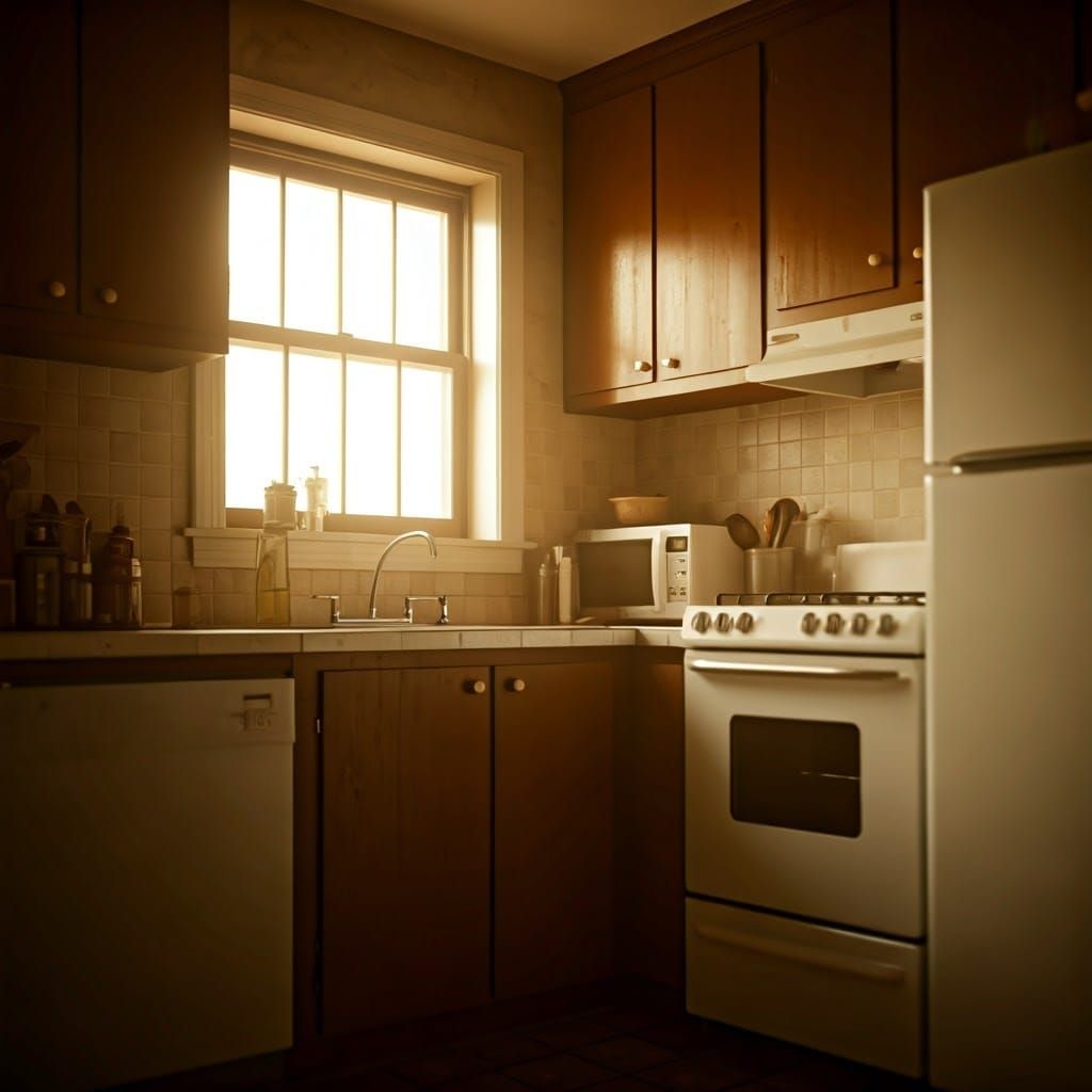 Cozy 2001 American Kitchen in Warm Golden Light