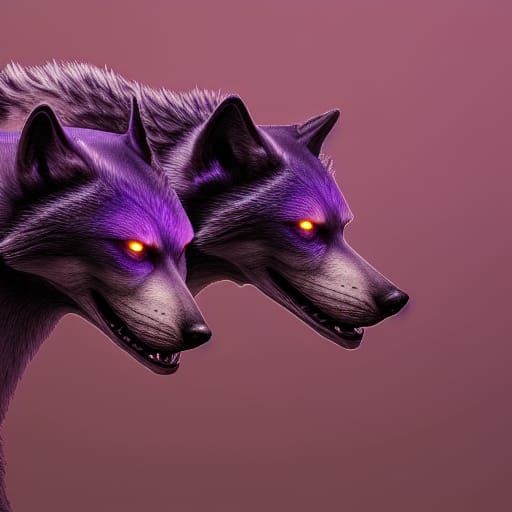Two-Headed Purple Wolf with Mushrooms, Detailed Matte Painti...