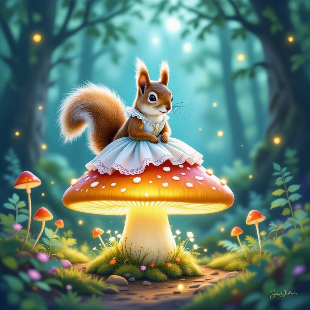 Whimsical Squirrel in Haute Couture on Glowing Mushroom