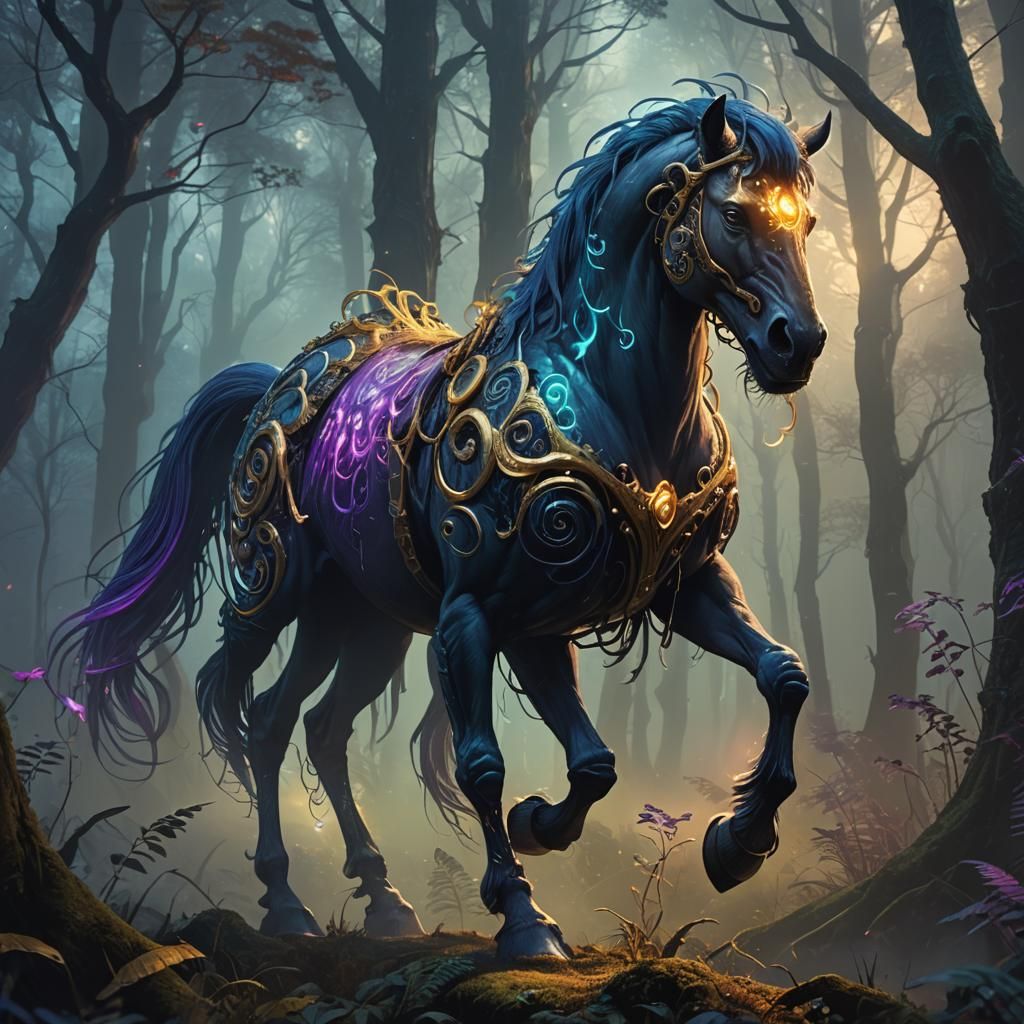 Menacing Monkey-Horse Hybrid in Bioluminescent Forest