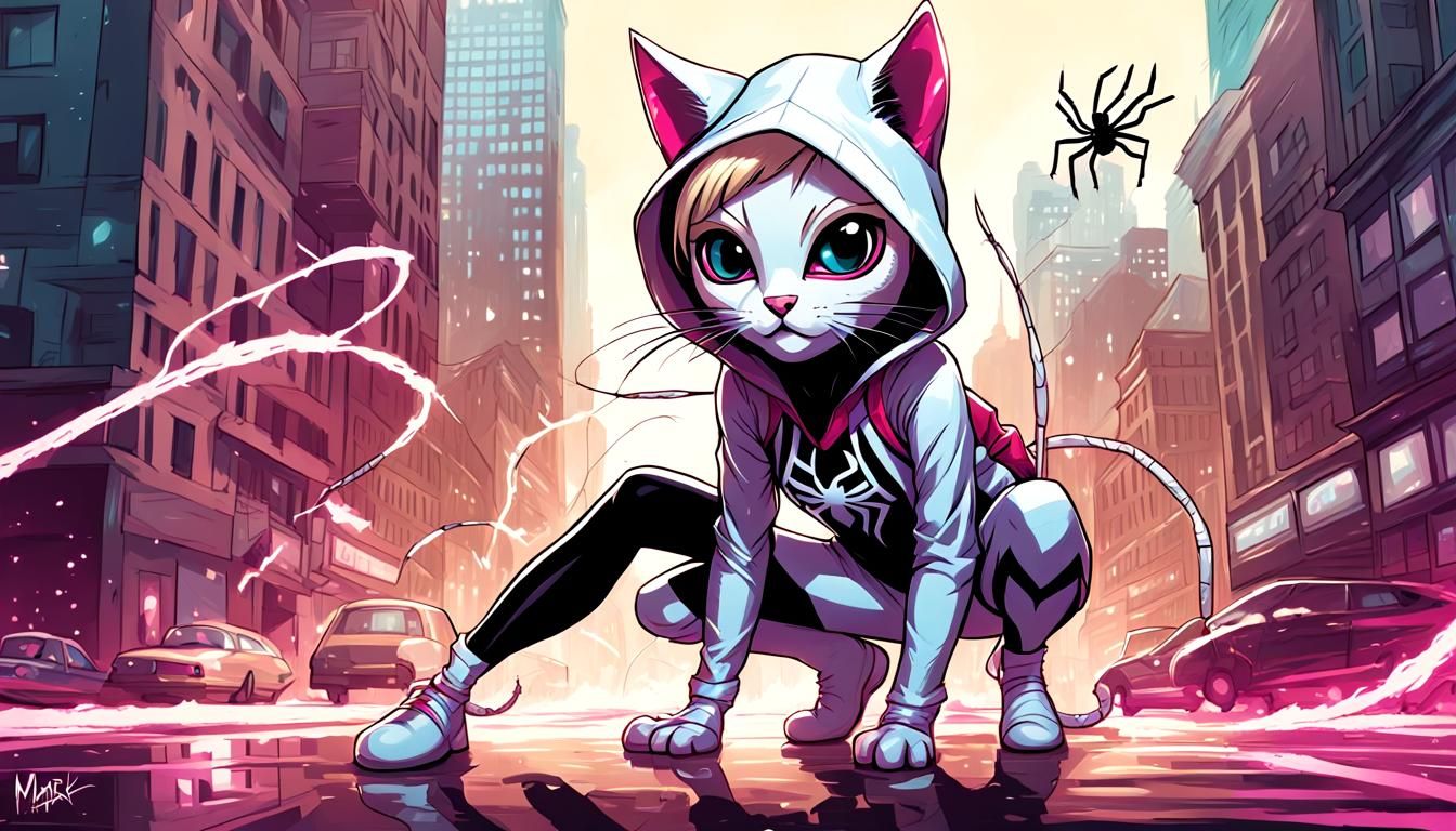 Kitten as Spider-Gwen in Comic Book Art