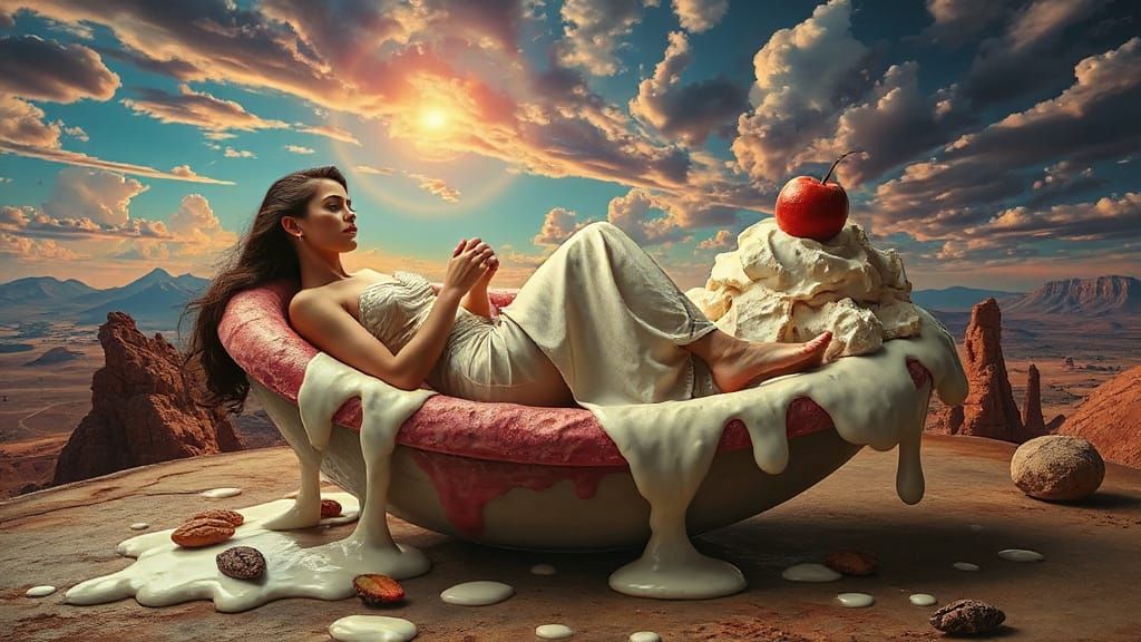 Woman Reclining in Surreal Ice Cream Landscape