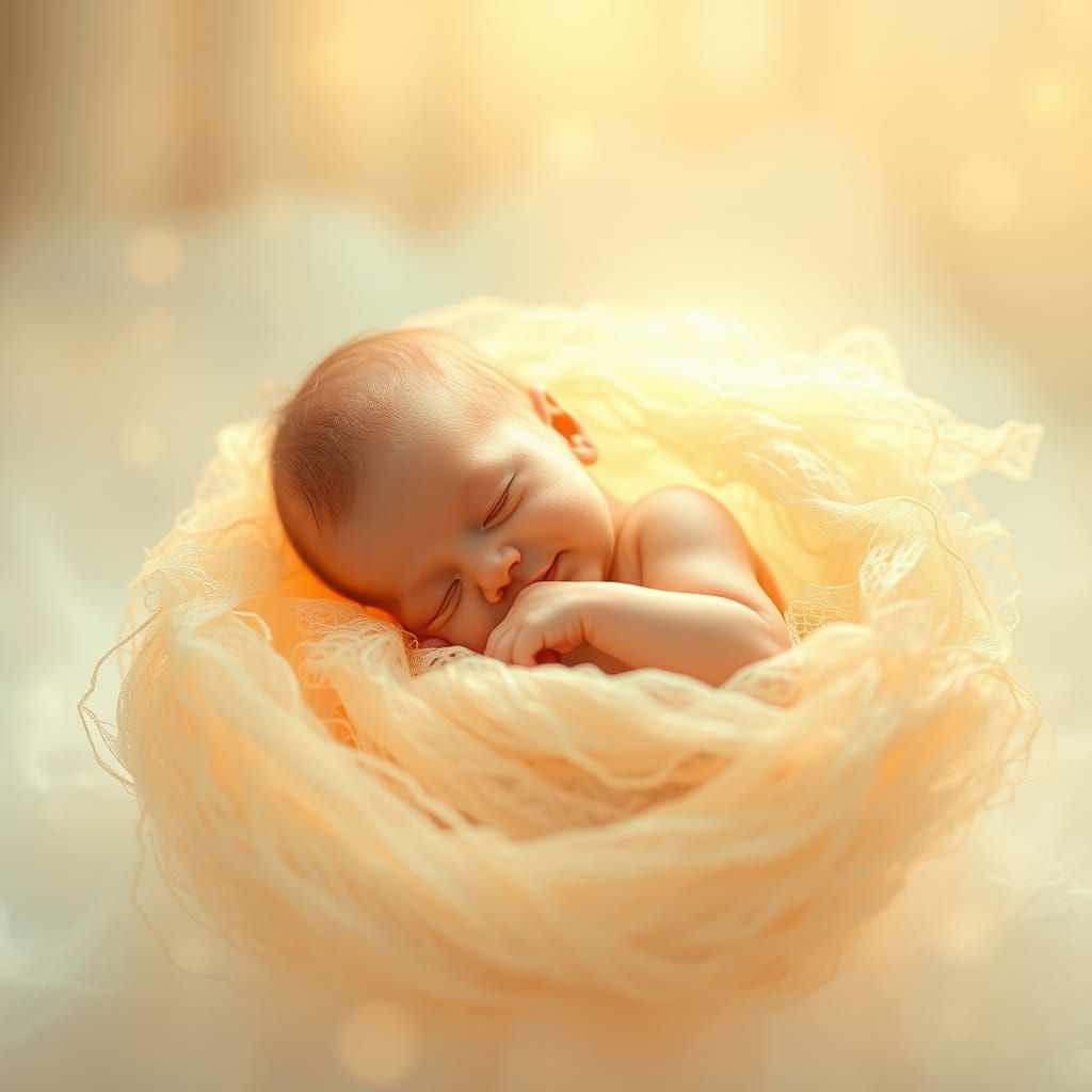 Newborn Baby in Golden Aura as Ethereal Illustration