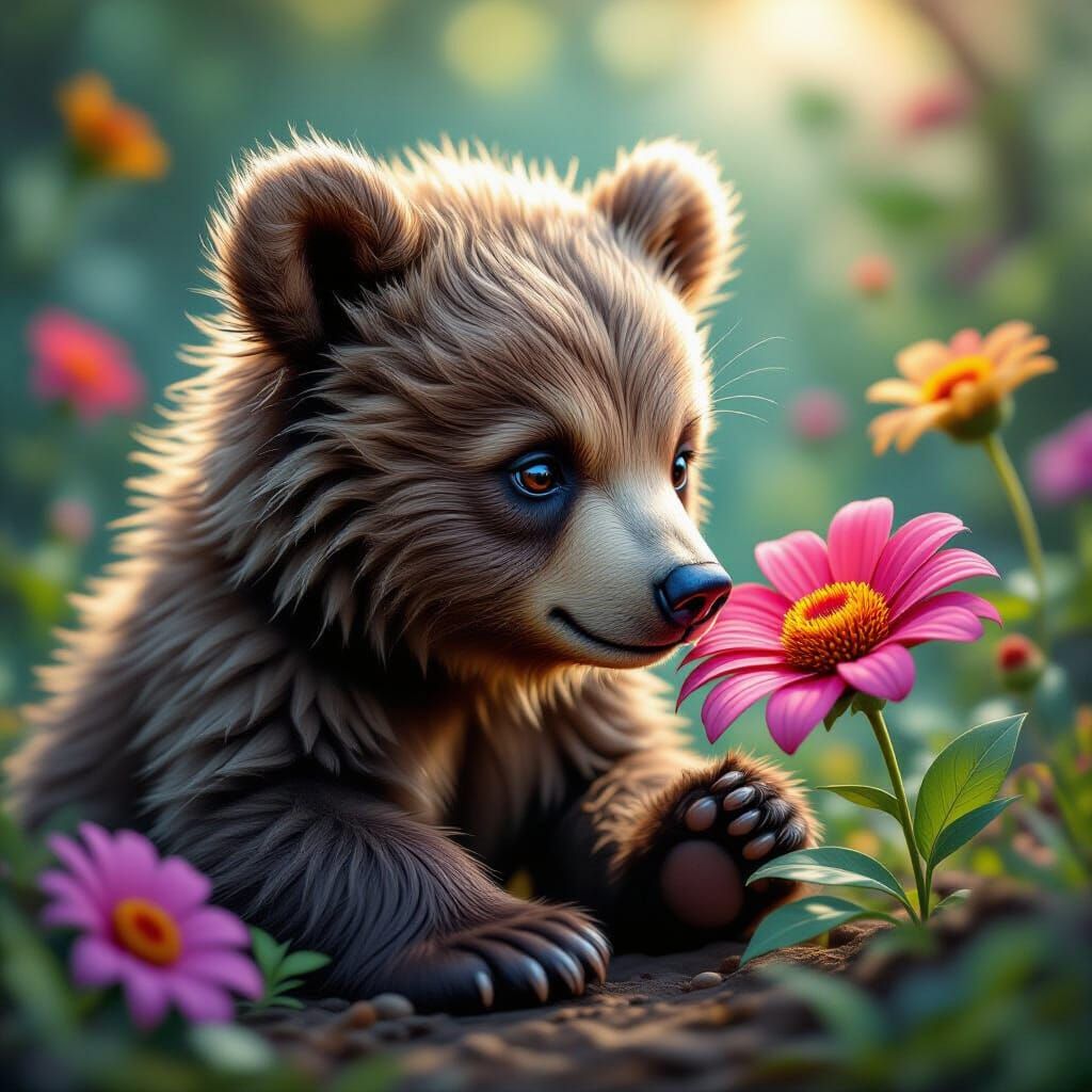 Baby Bear Sniffing Flower in Hyperrealistic Splash Art