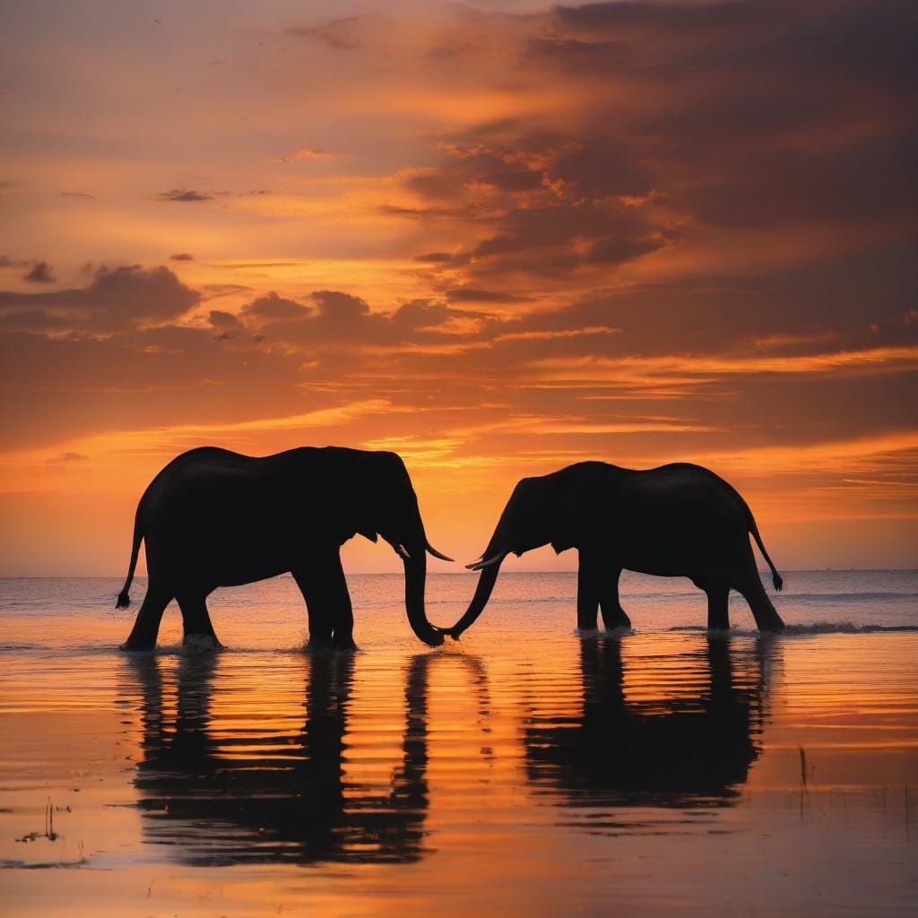 Two elephants silhouetted against a vibrant sunset, walking ...