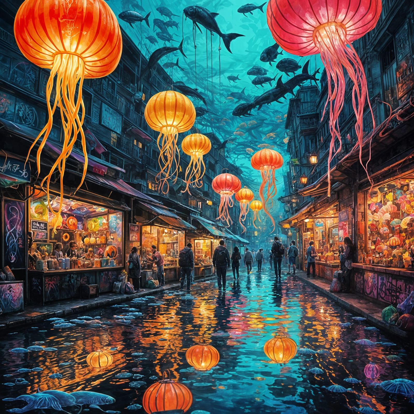 Underwater Night Market in Vibrant, High-Contrast Graffiti S...