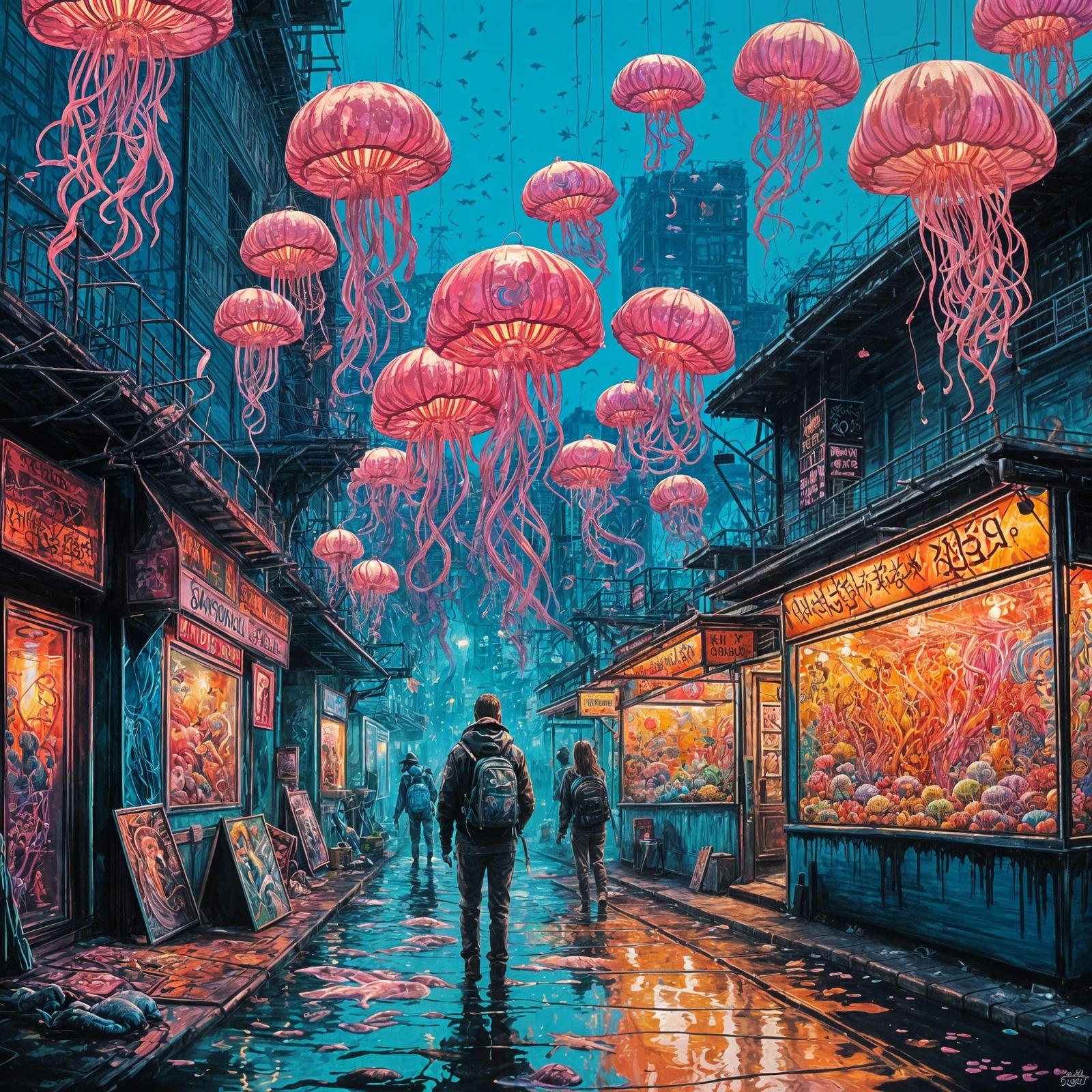Surreal Underwater Night Market Scene with Jellyfish Lantern...